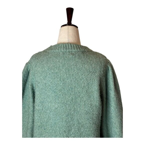 FRNCH Sweater Women Large Green Fuzzy Knit Puff Ballon Sleeve Crew Neck Pullover - Picture 4 of 11
